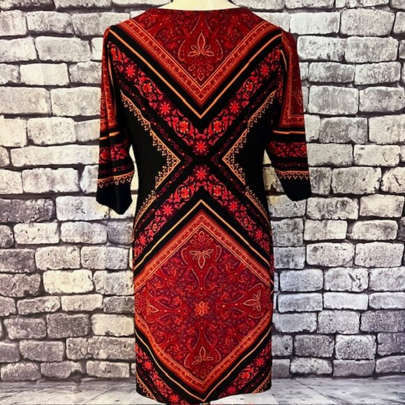London Times Red, Black & Orange Half Sleeve Dress Size 6P - Picture 7 of 10